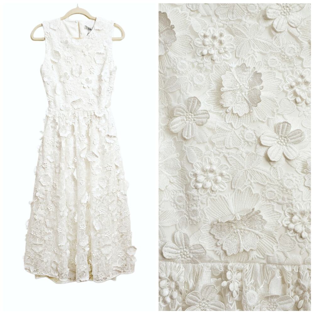 NWT Aureta. Selma White Lace 3D Floral Applique Cut-Out Midi Dress $450 Small